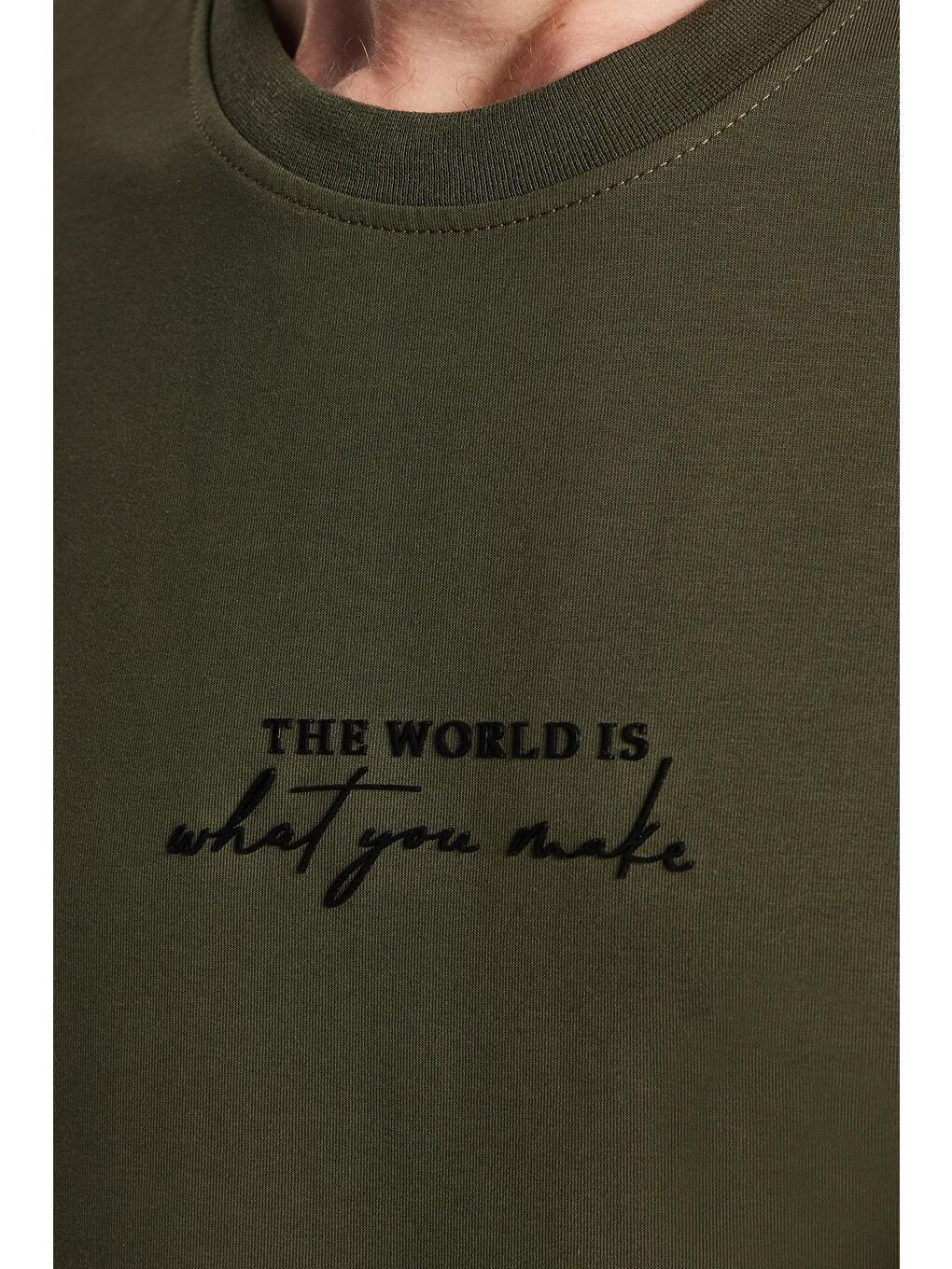 Erkek Oversize Geniş Kesim Pamuklu Baskılı Bisiklet Yaka Haki Tişört-2