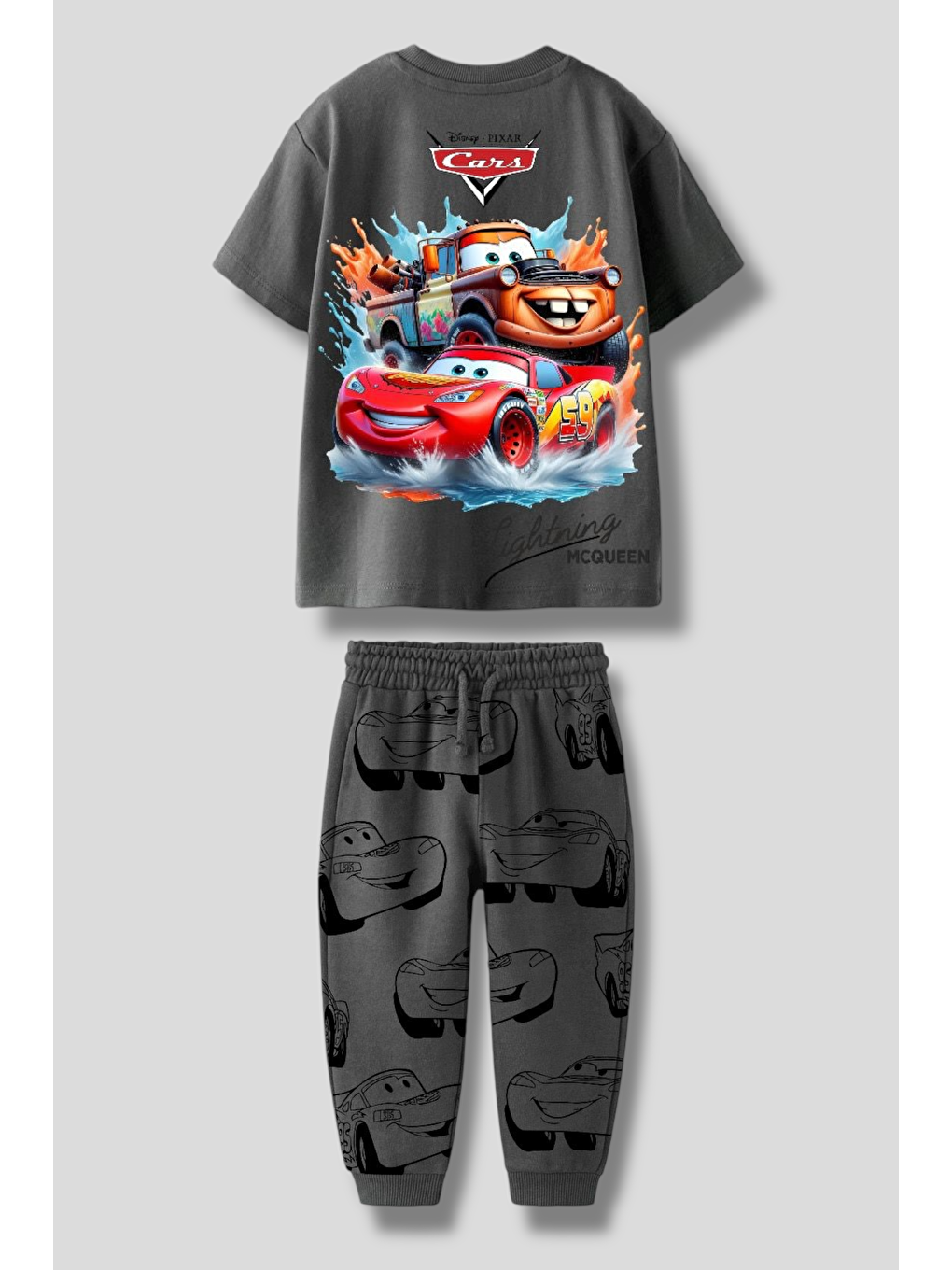 Siyah Erkek Çocuk Pamuklu Antrasit Cars Temalı Takım - Lightning Baskılı Eşofman Altı