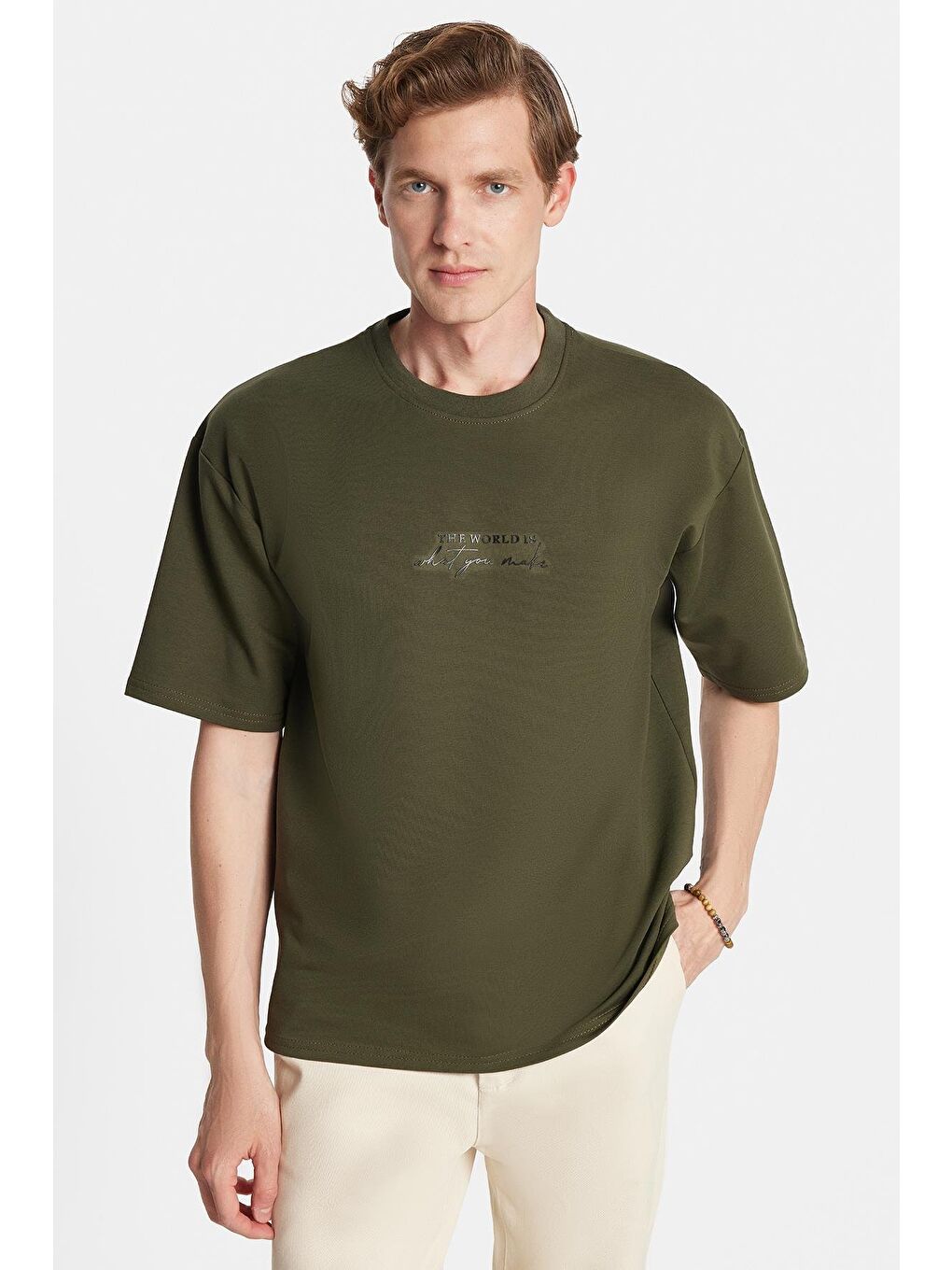 Erkek Oversize Geniş Kesim Pamuklu Baskılı Bisiklet Yaka Haki Tişört-3