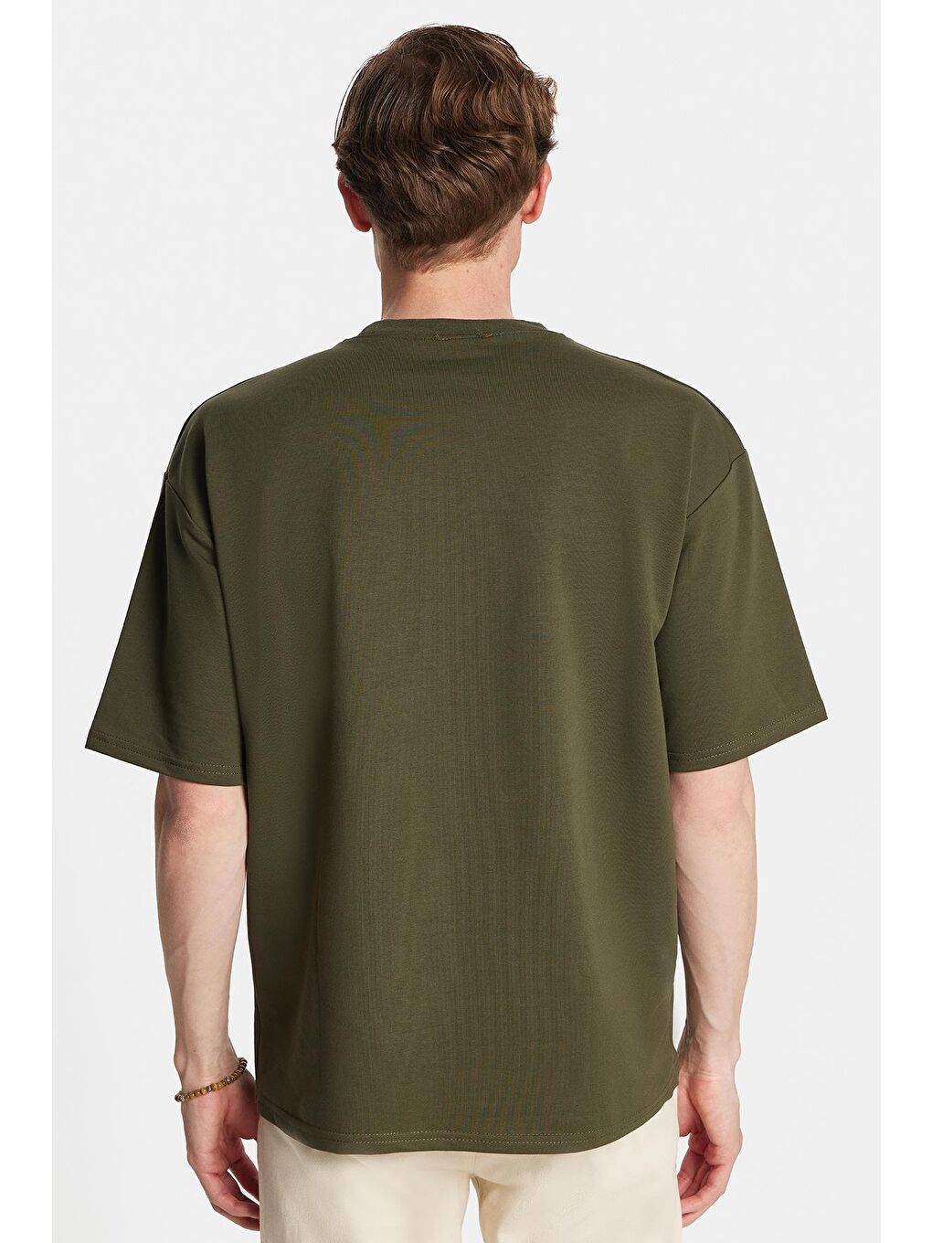 Erkek Oversize Geniş Kesim Pamuklu Baskılı Bisiklet Yaka Haki Tişört-4