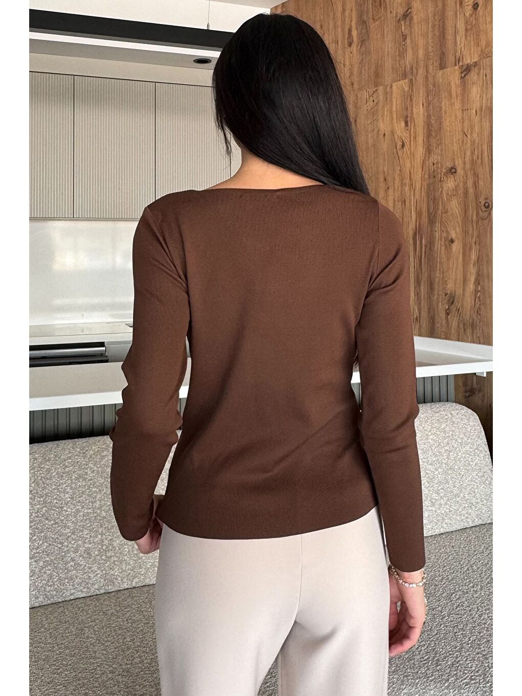 Kahverengi Ön Gül Detaylı Triko Bluz (s,m,l Uyumludur)-3