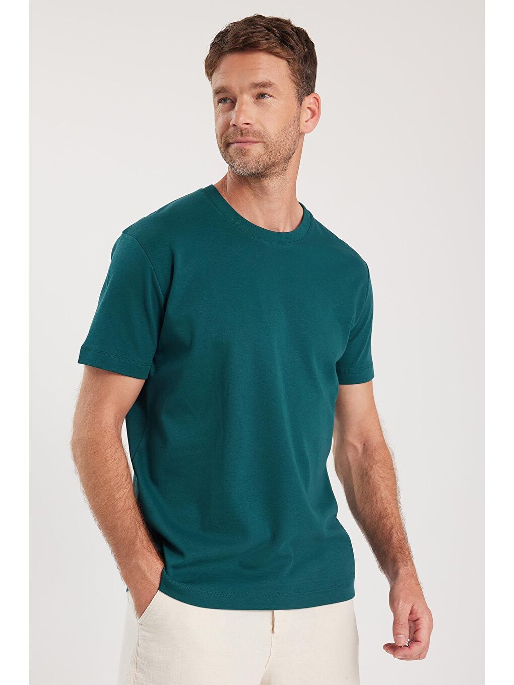 Unisex Relax Fit Rahat Kesim %100 Pamuk Yumuşak Dokulu Hafif Kalın Yeşil Bisiklet Yaka Tişört-1