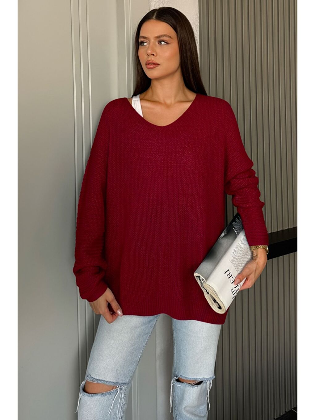 Bordo V Yaka Salaş Triko Bluz (s,m,l,xl Uyumludur)