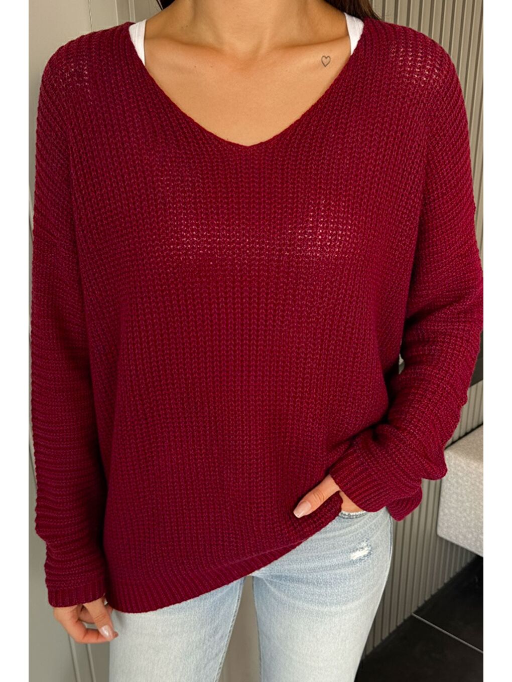 Bordo V Yaka Salaş Triko Bluz (s,m,l,xl Uyumludur)-1