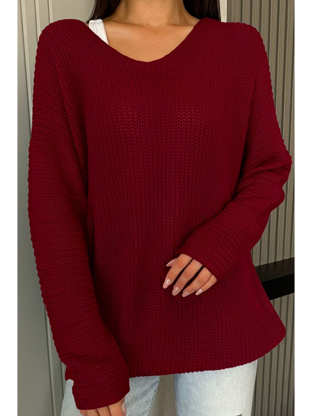 Bordo V Yaka Salaş Triko Bluz (s,m,l,xl Uyumludur)-2