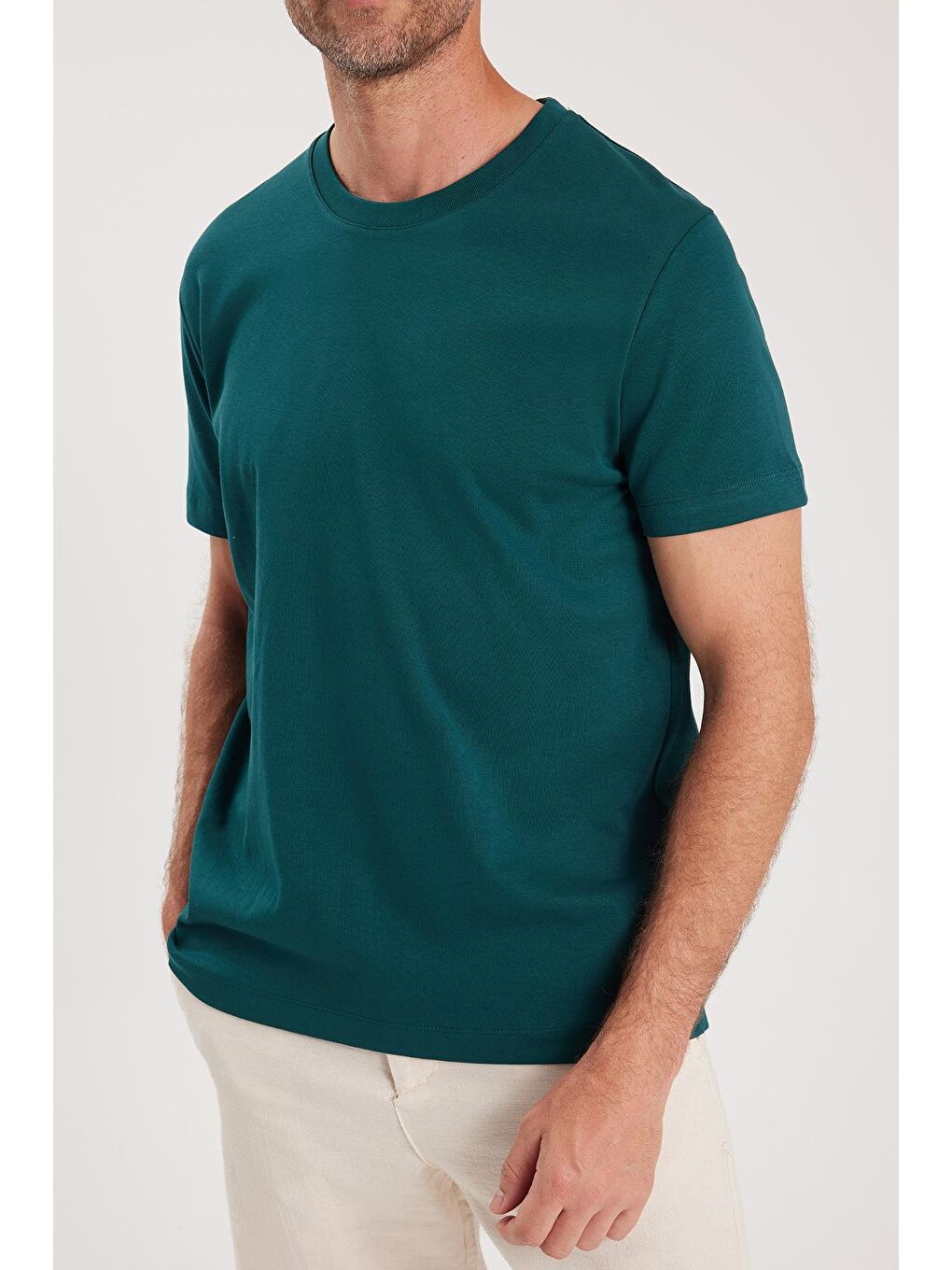 Unisex Relax Fit Rahat Kesim %100 Pamuk Yumuşak Dokulu Hafif Kalın Yeşil Bisiklet Yaka Tişört-2