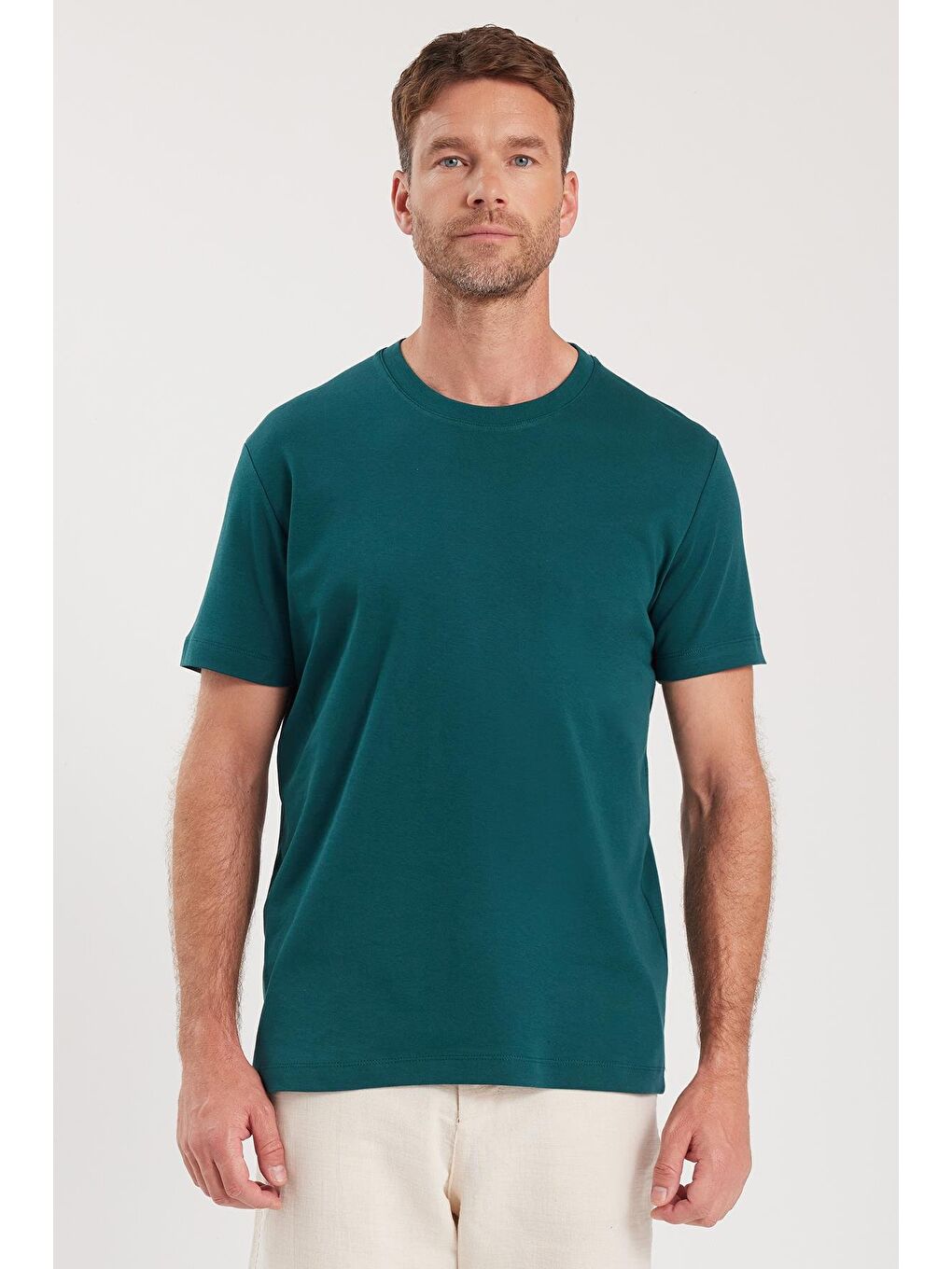 Unisex Relax Fit Rahat Kesim %100 Pamuk Yumuşak Dokulu Hafif Kalın Yeşil Bisiklet Yaka Tişört-3