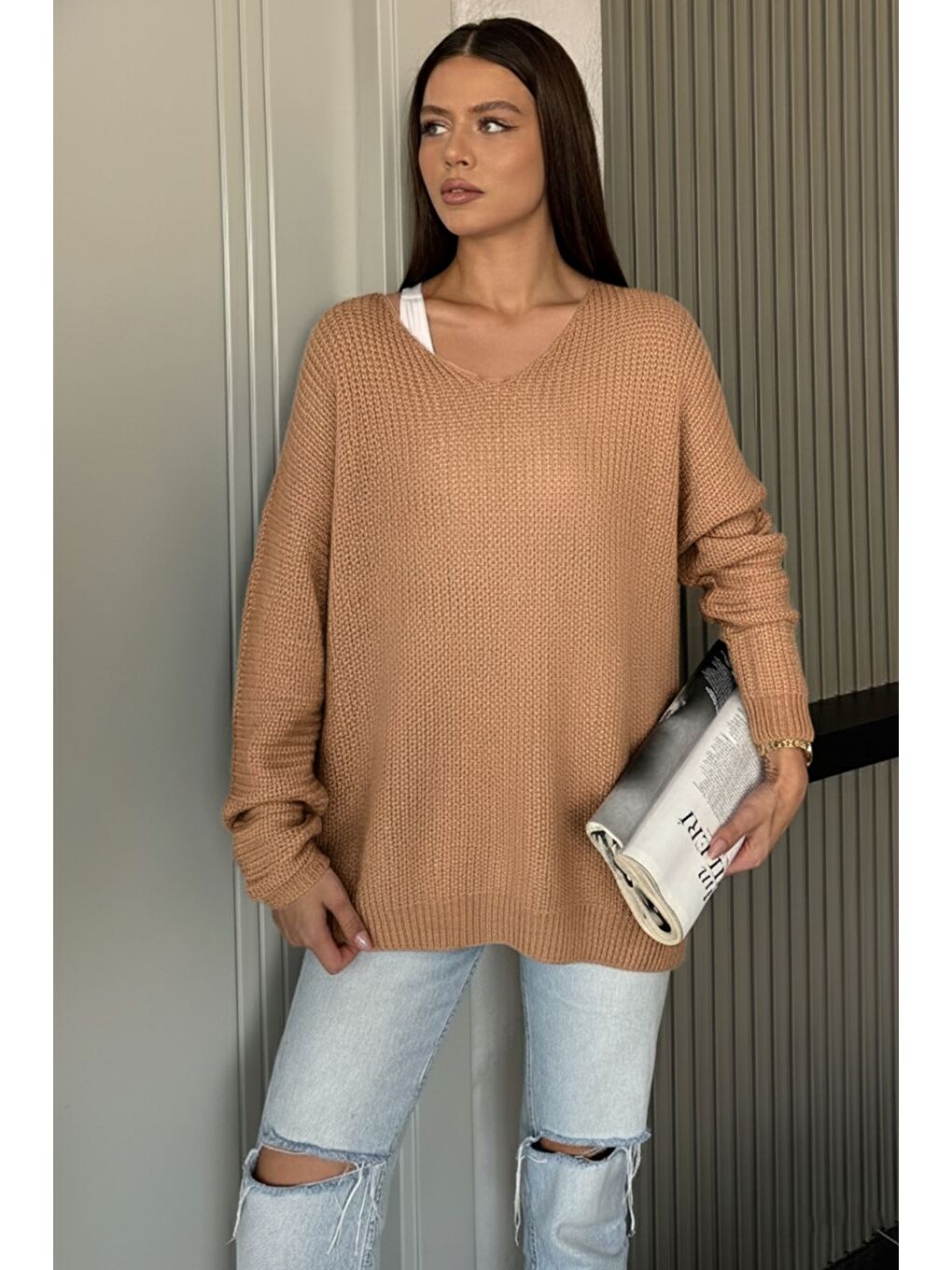 Ekru V Yaka Salaş Triko Bluz (s,m,l,xl Uyumludur)