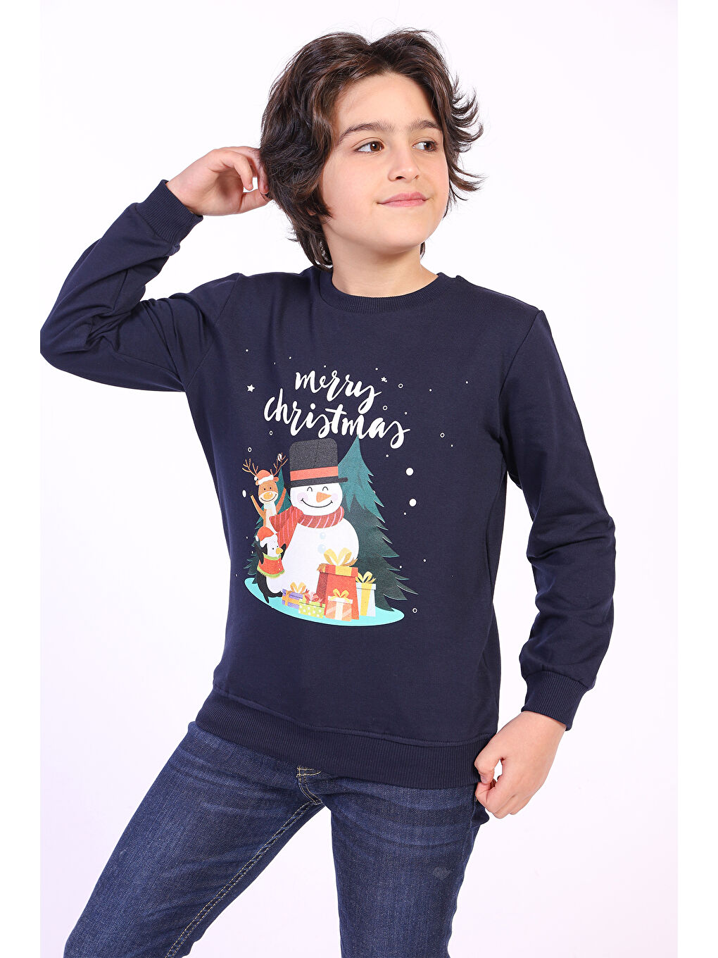 Lacivert Unısex Çocuk Merry Chrıstmas Baskılı Sweatshirt