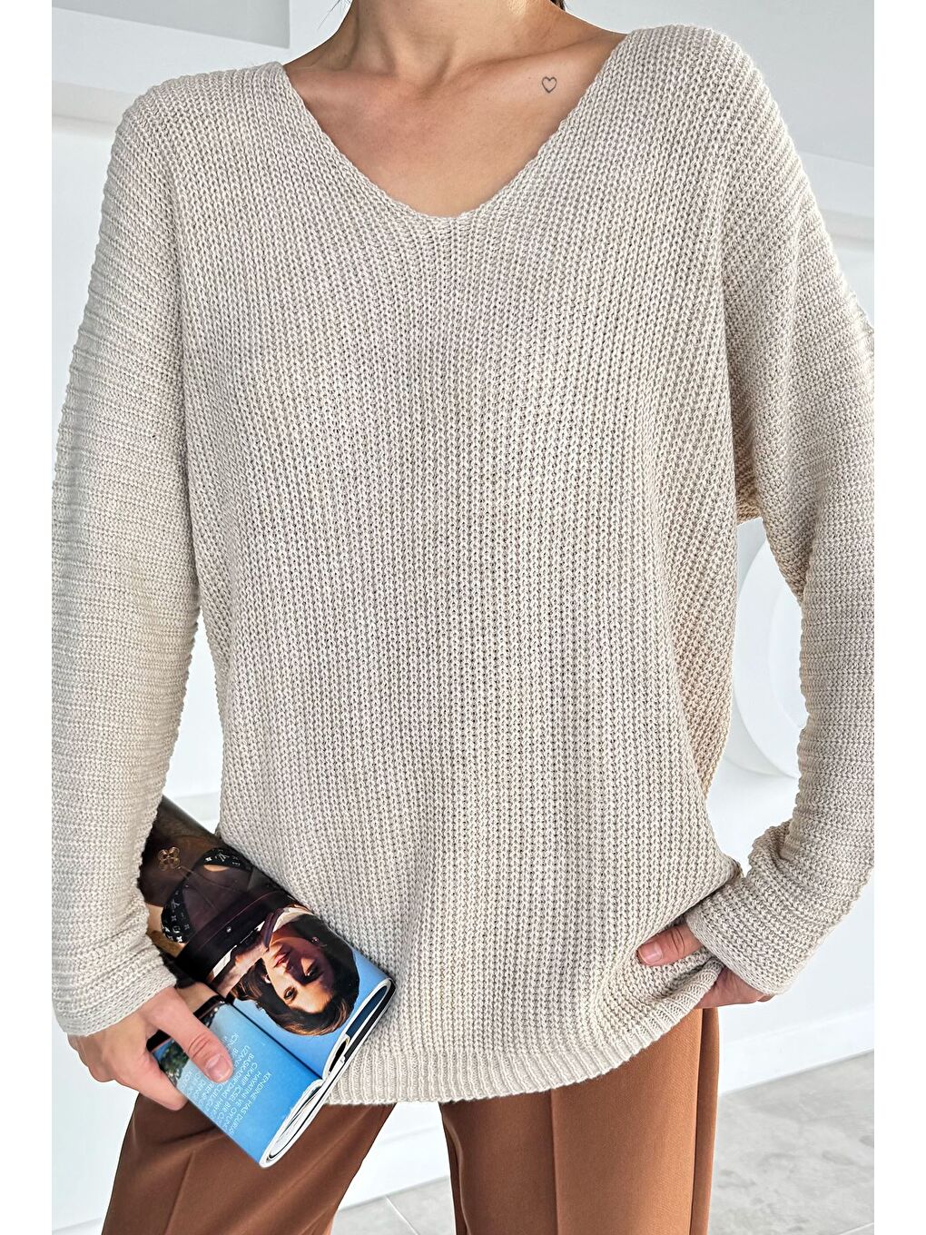 Bej V Yaka Salaş Triko Bluz (s,m,l,xl Uyumludur)