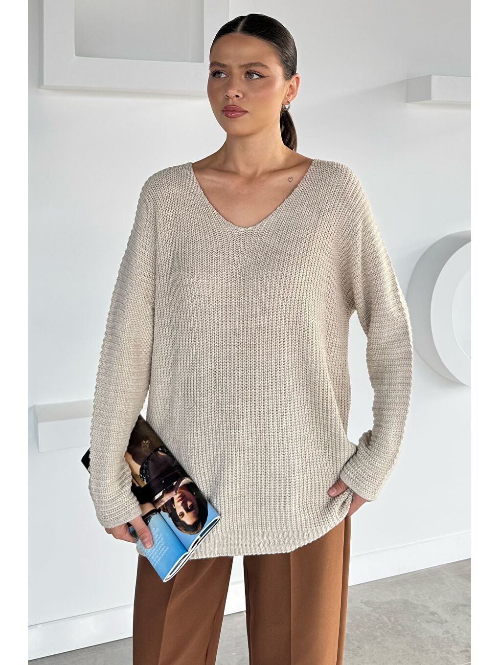 Bej V Yaka Salaş Triko Bluz (s,m,l,xl Uyumludur)-1