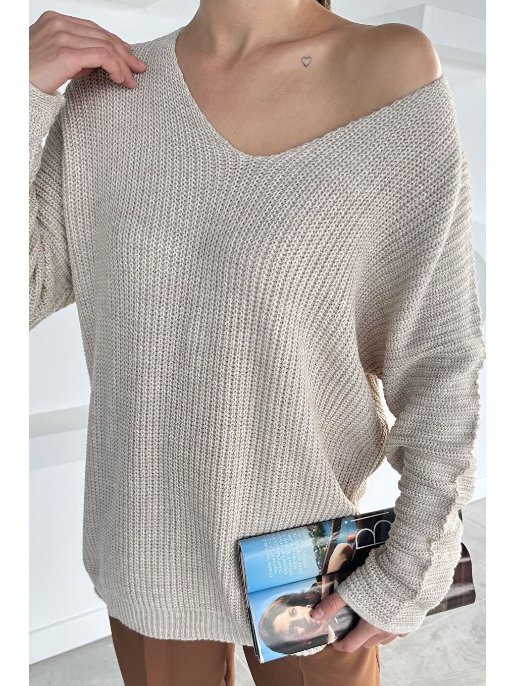 Bej V Yaka Salaş Triko Bluz (s,m,l,xl Uyumludur)-2