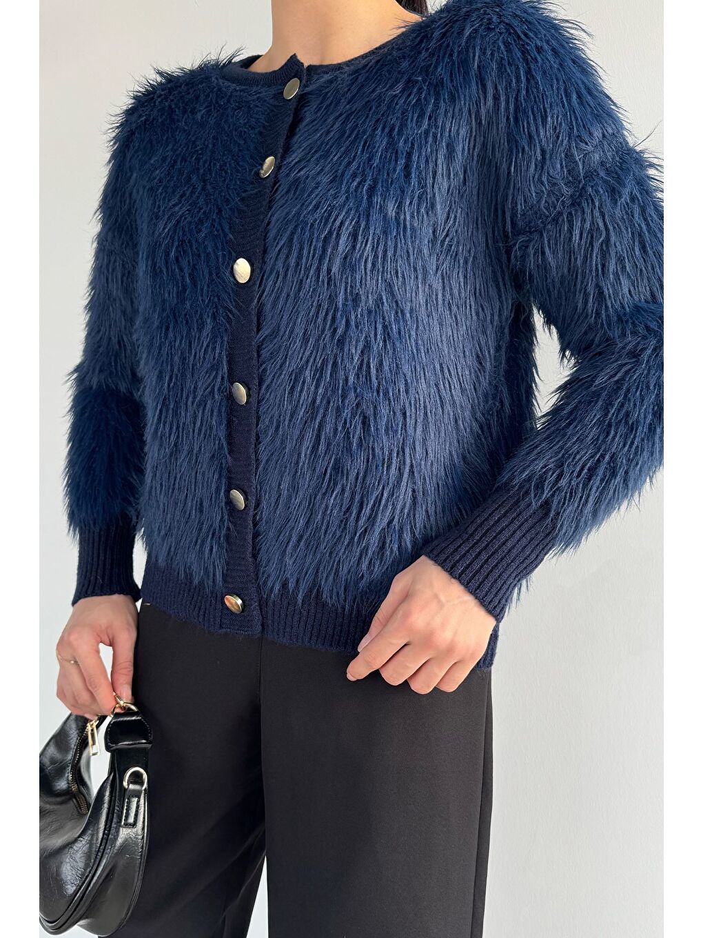 Lacivert Kadın Ön Düğmeli Sakallı Triko Ceket-1