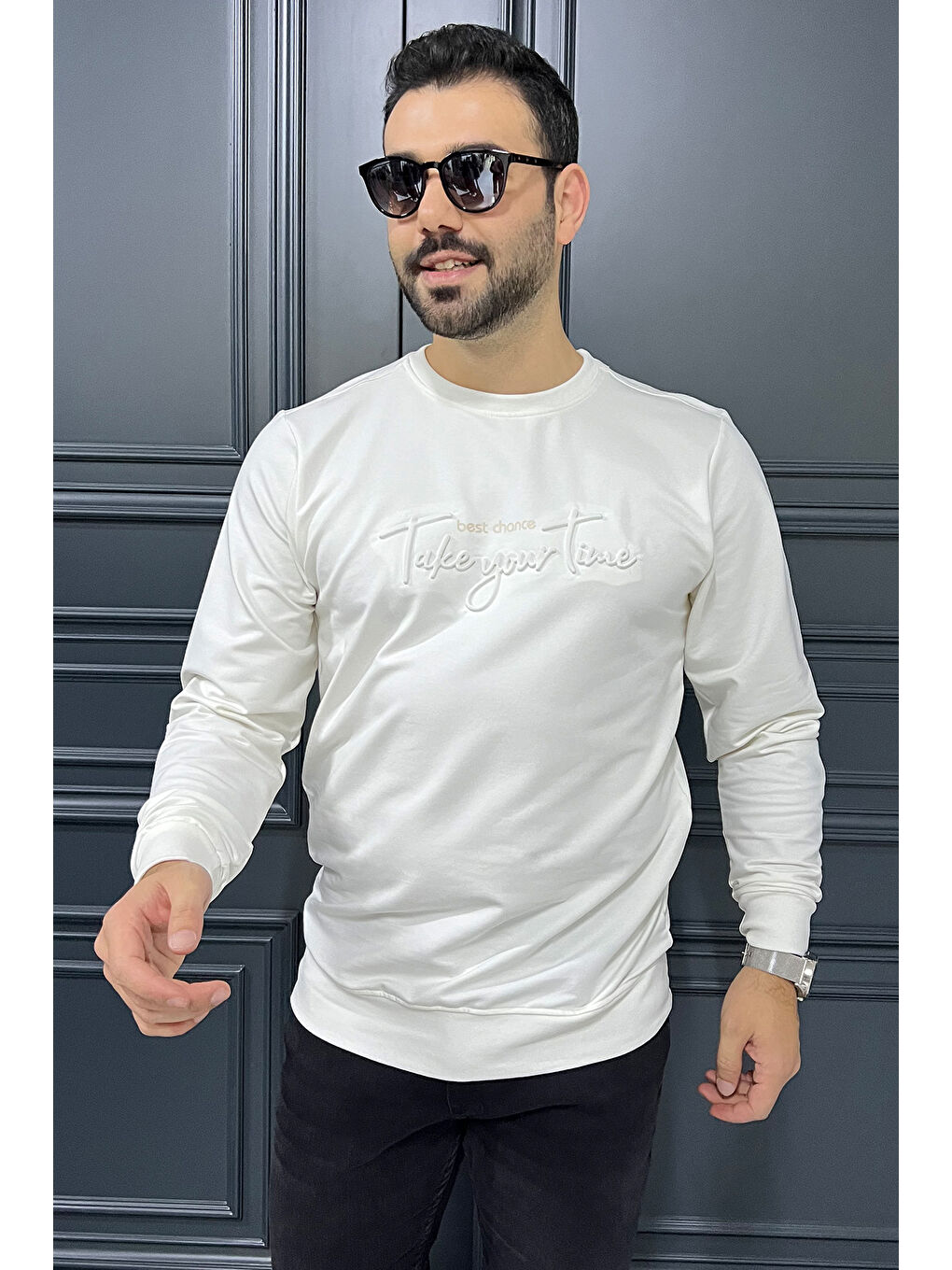 Mishar İtalia Beyaz Erkek Bisiklet Yaka Yazı Kabartmalı Sweatshirt