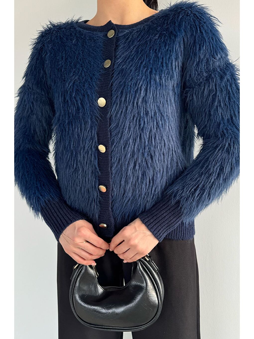 Lacivert Kadın Ön Düğmeli Sakallı Triko Ceket-2