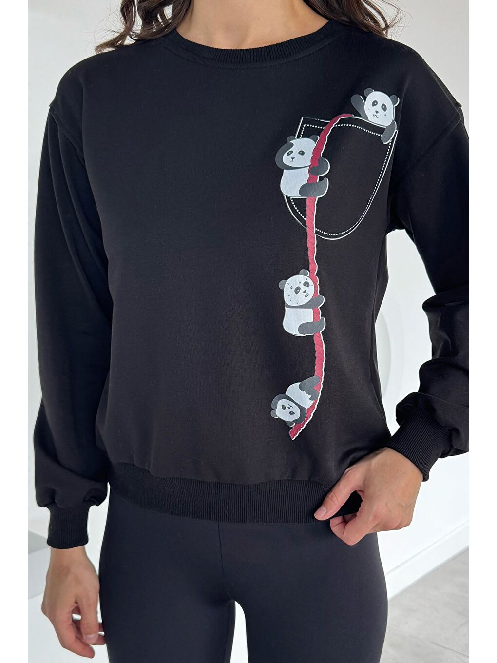 Siyah Kadın Ön Baskılı Bisiklet Yaka Sweatshirt-2