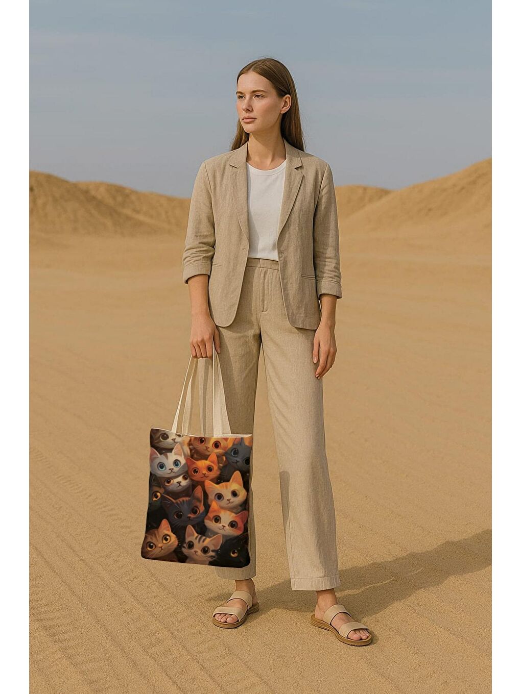 Ekru Kanvas Büyük Gözlü Kediler Baskılı Bez Çanta-1