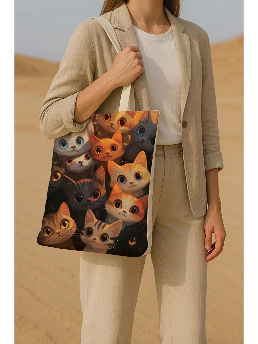 Ekru Kanvas Büyük Gözlü Kediler Baskılı Bez Çanta-2