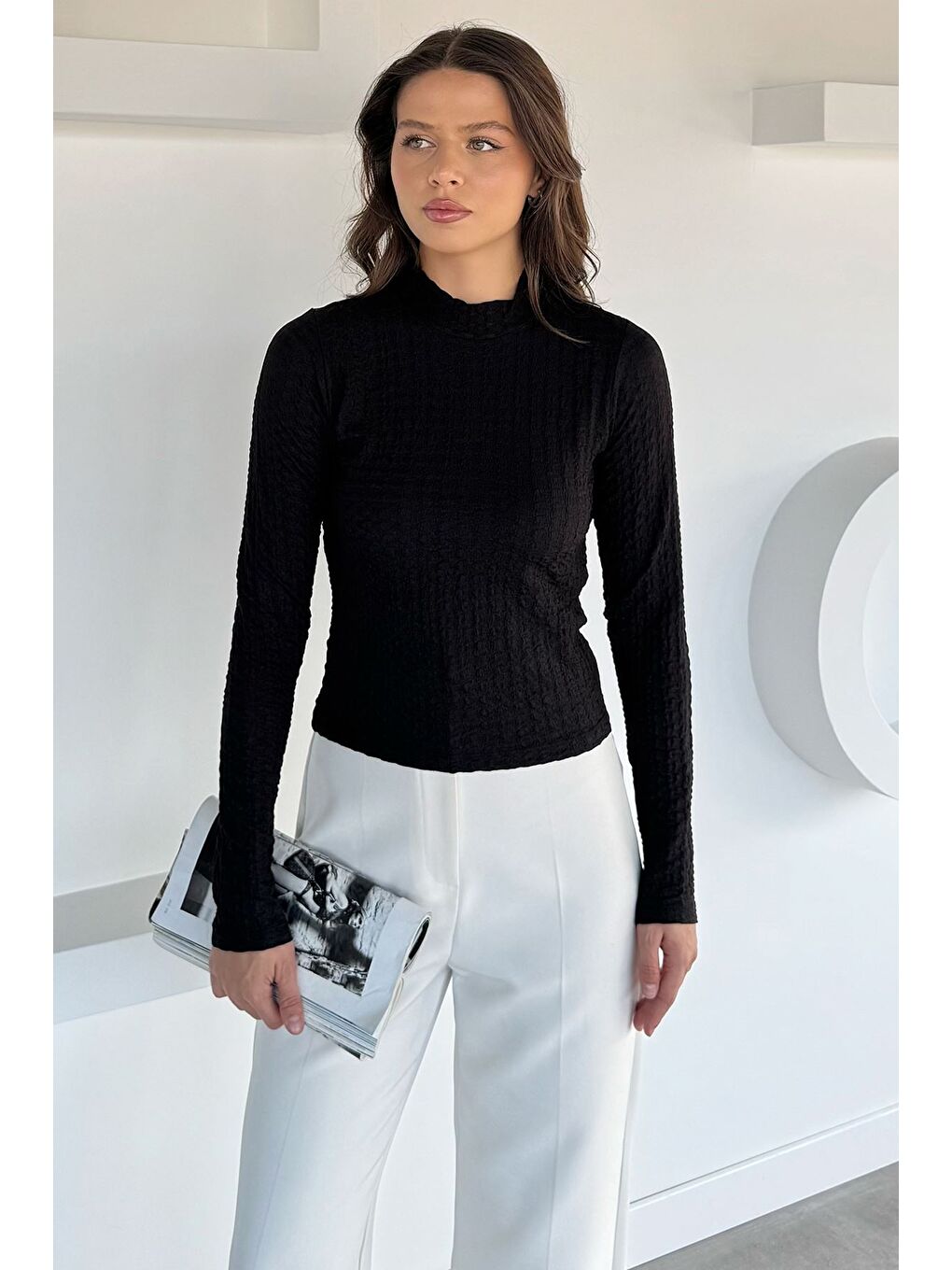 Siyah Kadın Dik Yaka Basic Bluz-1