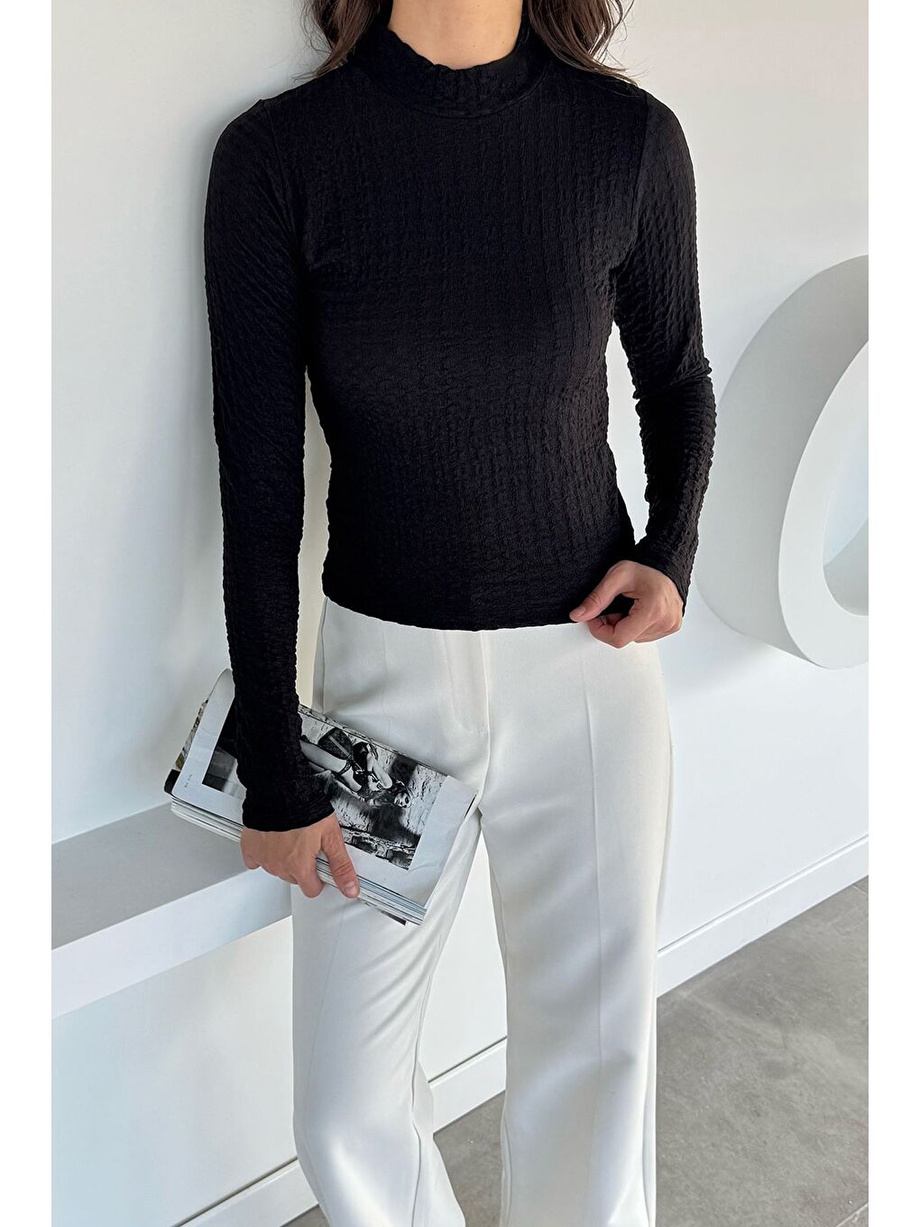 Siyah Kadın Dik Yaka Basic Bluz-2