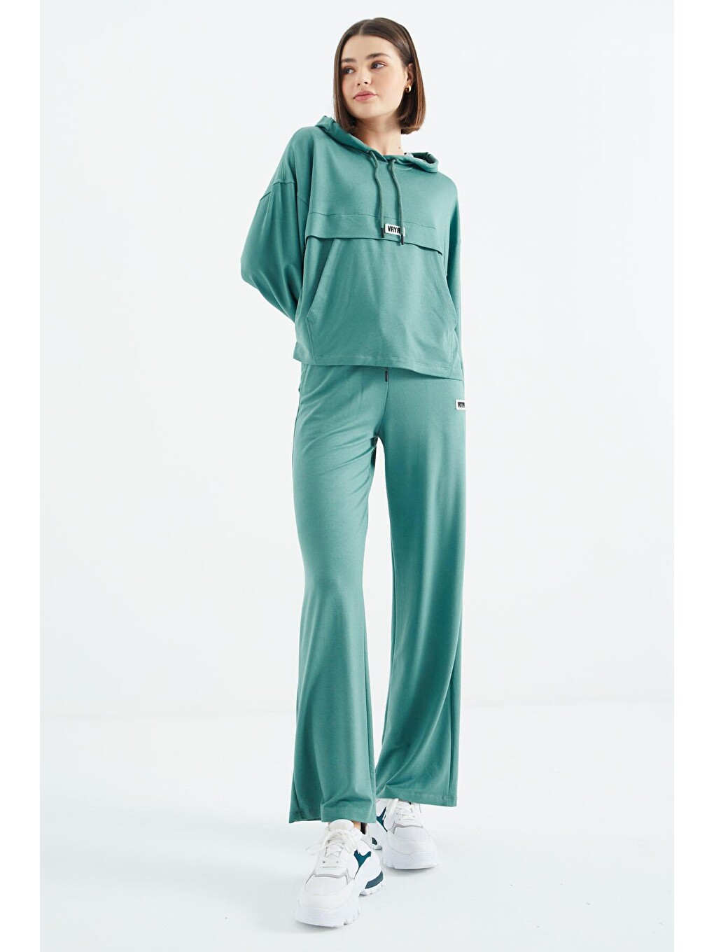 Yeşil Çağla Kapüşonlu Cep Detaylı Geniş Paça Oversize Eşofman Takım - 02372
