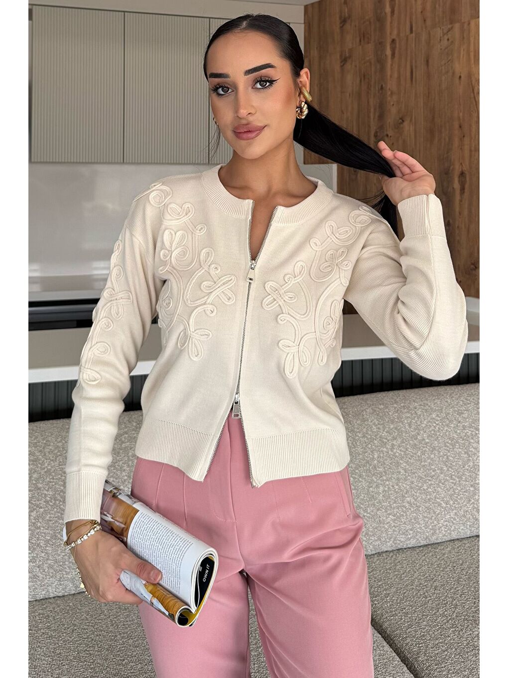 Ekru Kadın Fermuarlı Triko Hırka (s-m-l Uyumludur)