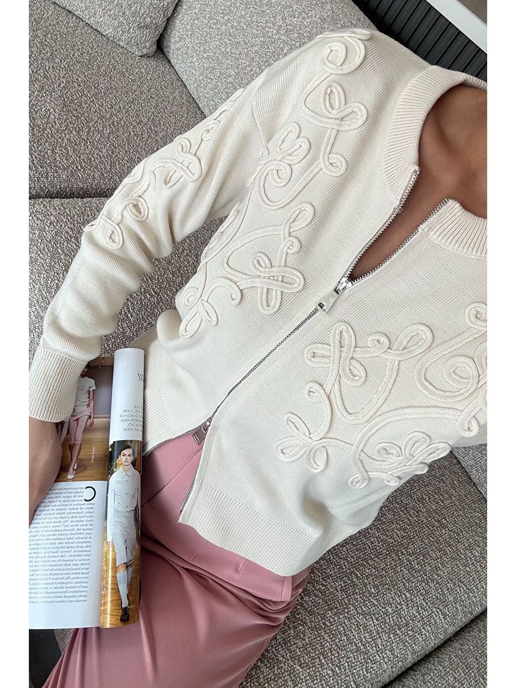 Ekru Kadın Fermuarlı Triko Hırka (s-m-l Uyumludur)-1