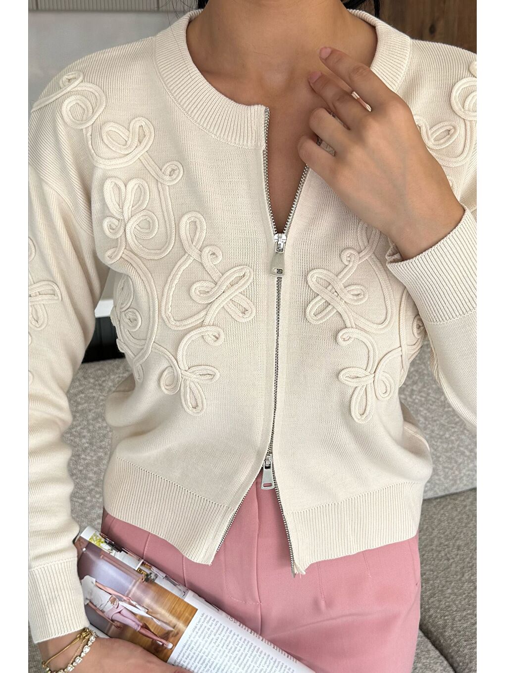 Ekru Kadın Fermuarlı Triko Hırka (s-m-l Uyumludur)-2