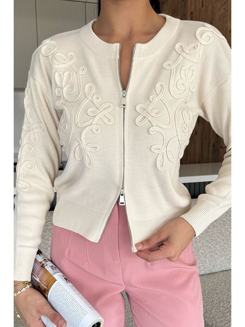 Ekru Kadın Fermuarlı Triko Hırka (s-m-l Uyumludur)-3