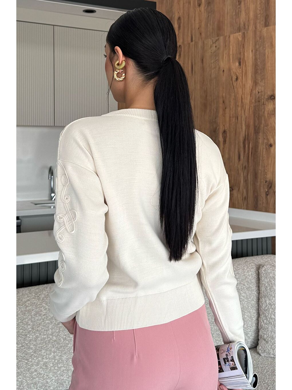 Ekru Kadın Fermuarlı Triko Hırka (s-m-l Uyumludur)-4