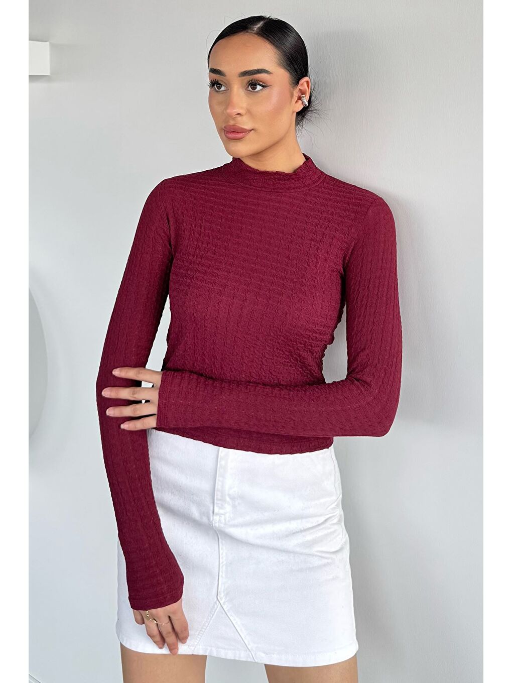 Bordo Kadın Dik Yaka Basic Bluz