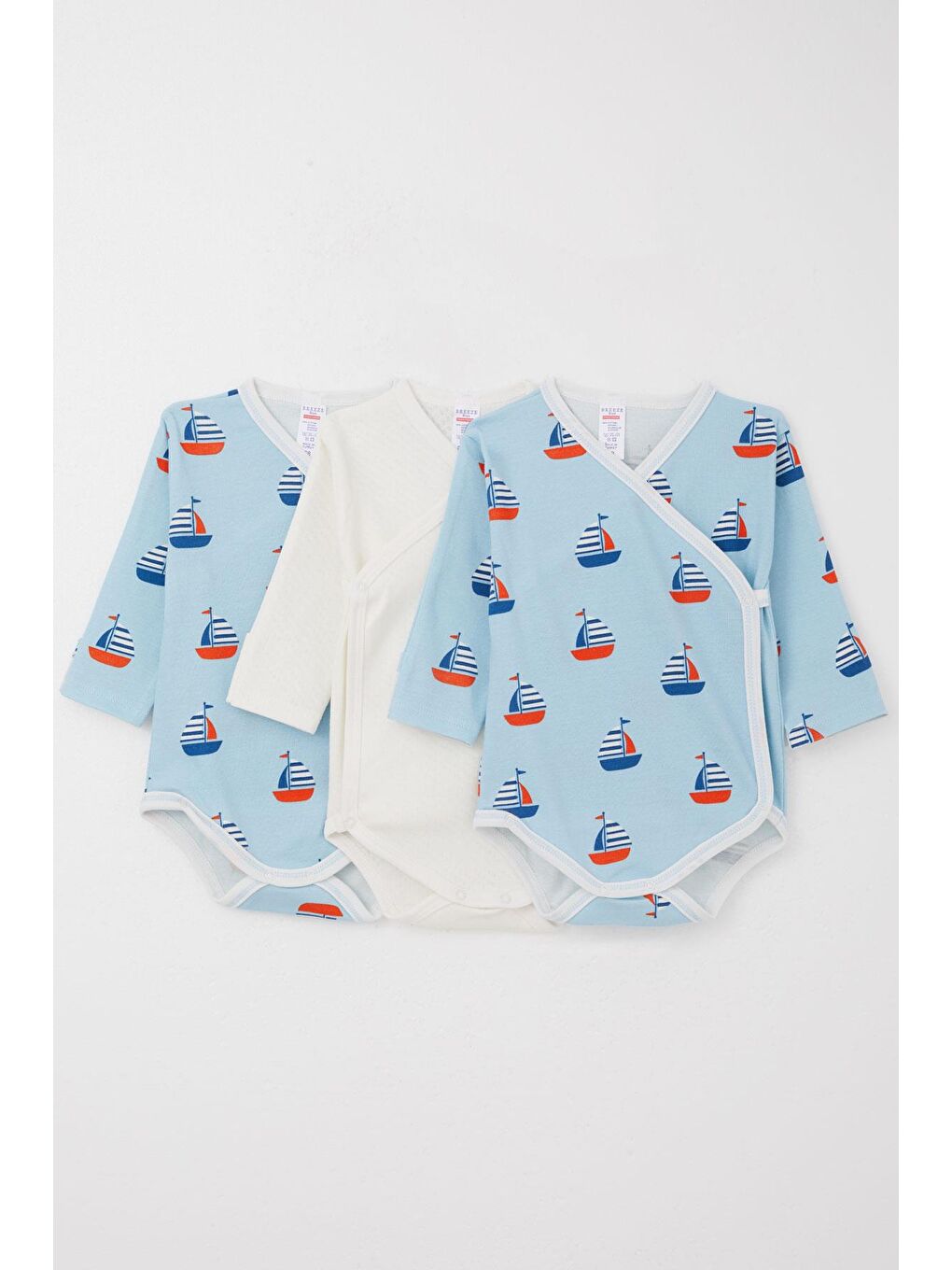 Erkek Bebek Çıtçıtlı Zıbın Body Yelken Desenli 3 Lü Kendinden Eldivenli Karışık Renk (6 Ay)