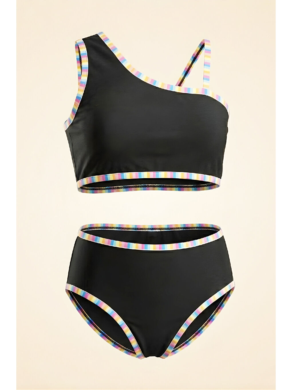 Siyah Kız Çocuk Mayo Takımı-Ayarlanabilir Askılı Kollu ve Renk Biyeli 8-12 Yaş 12617B