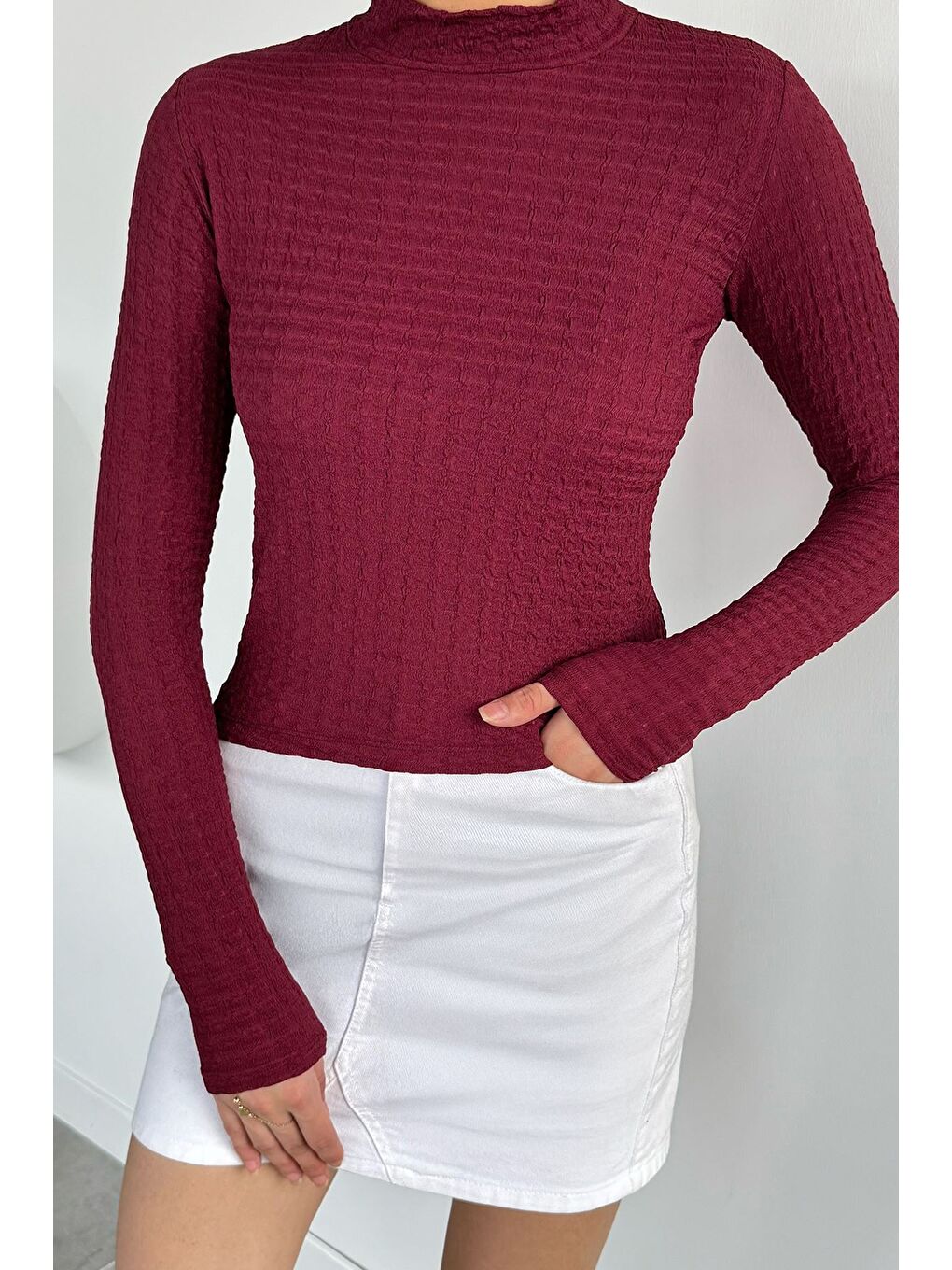 Bordo Kadın Dik Yaka Basic Bluz-1
