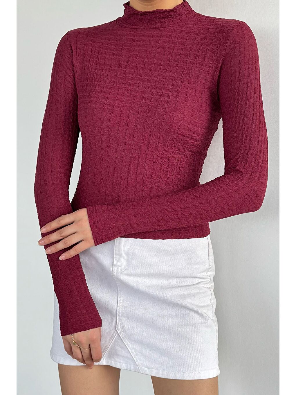 Bordo Kadın Dik Yaka Basic Bluz-2