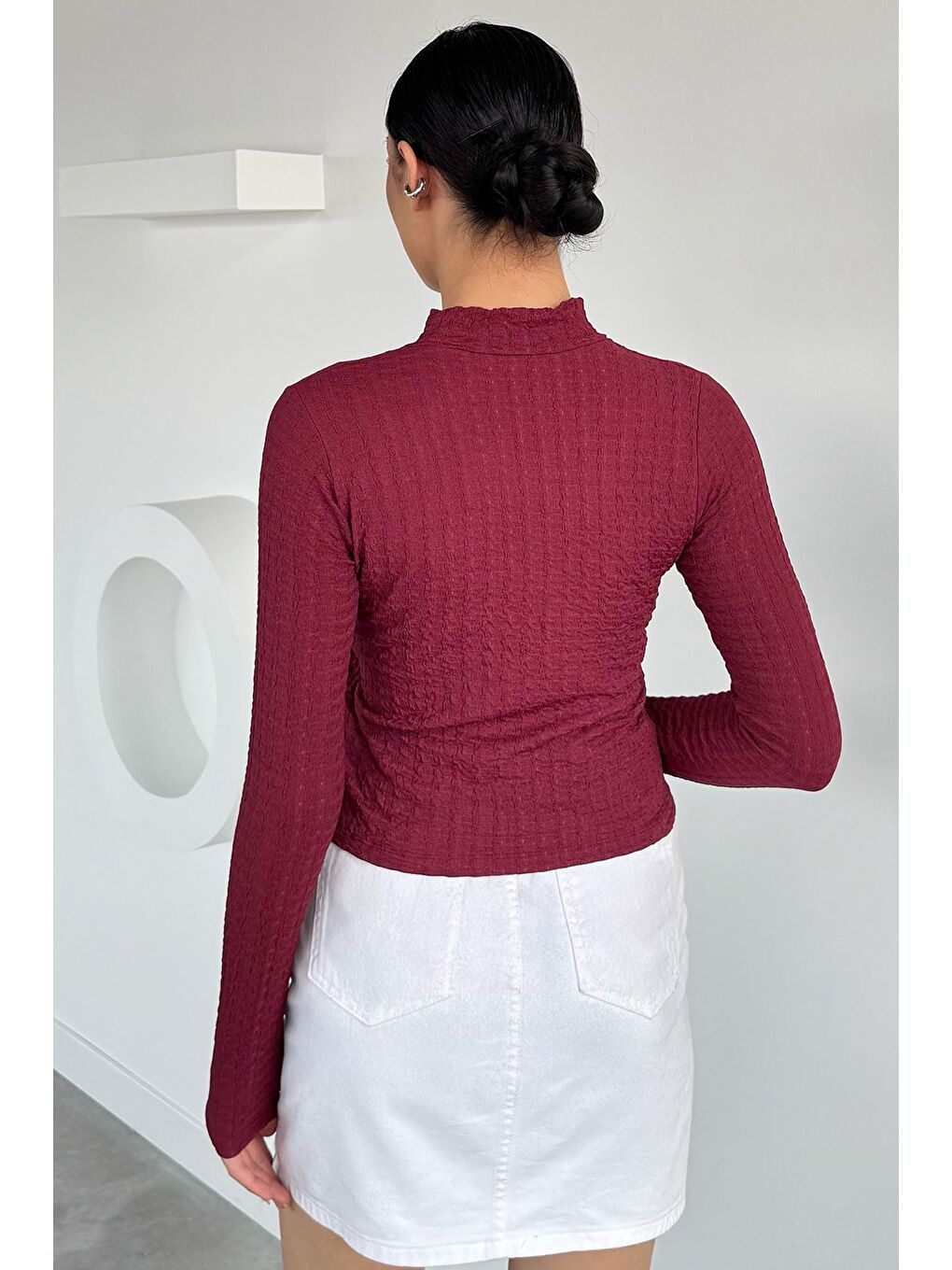 Bordo Kadın Dik Yaka Basic Bluz-3