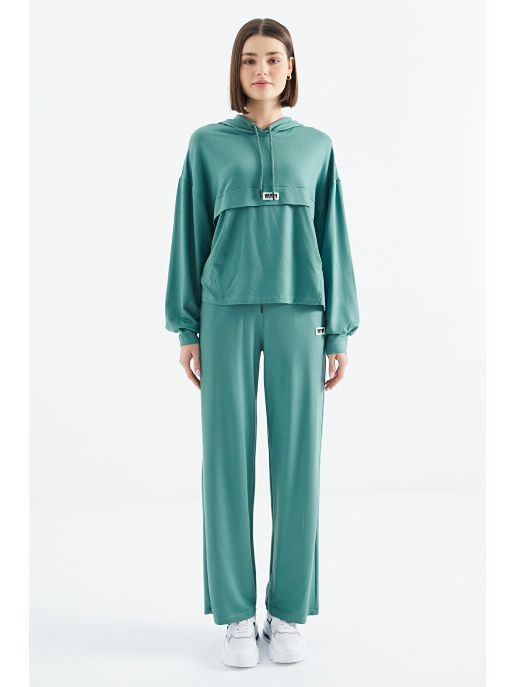 Yeşil Çağla Kapüşonlu Cep Detaylı Geniş Paça Oversize Eşofman Takım - 02372-3