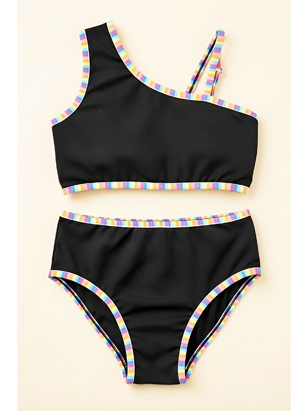 Siyah Kız Çocuk Mayo Takımı-Ayarlanabilir Askılı Kollu ve Renk Biyeli 8-12 Yaş 12617B-1