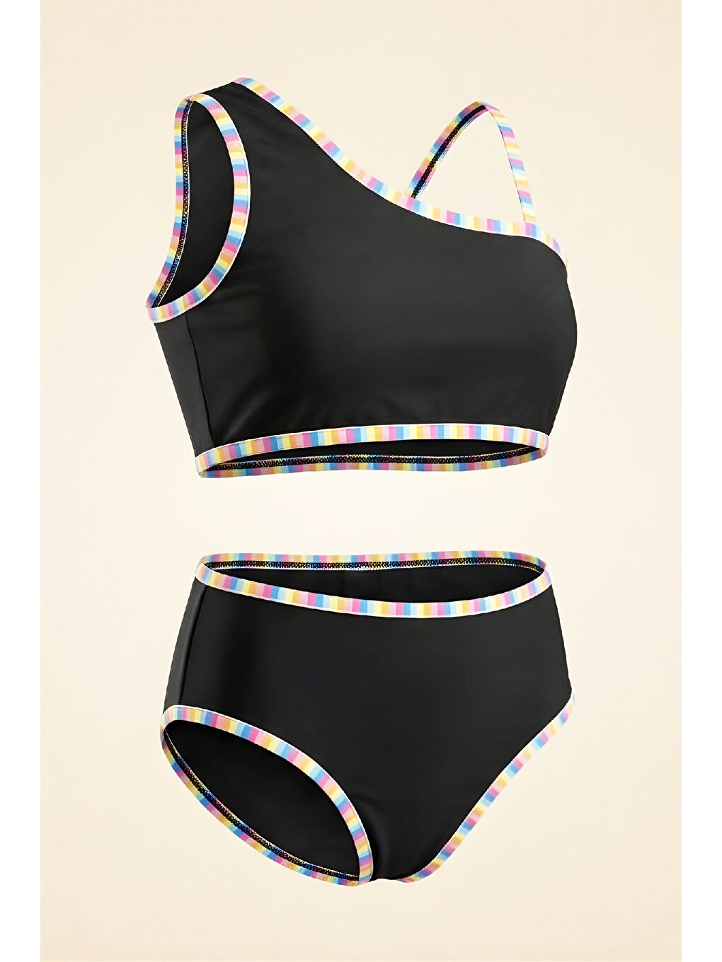 Siyah Kız Çocuk Mayo Takımı-Ayarlanabilir Askılı Kollu ve Renk Biyeli 8-12 Yaş 12617B-2