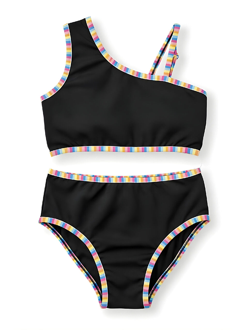 Siyah Kız Çocuk Mayo Takımı-Ayarlanabilir Askılı Kollu ve Renk Biyeli 8-12 Yaş 12617B-3