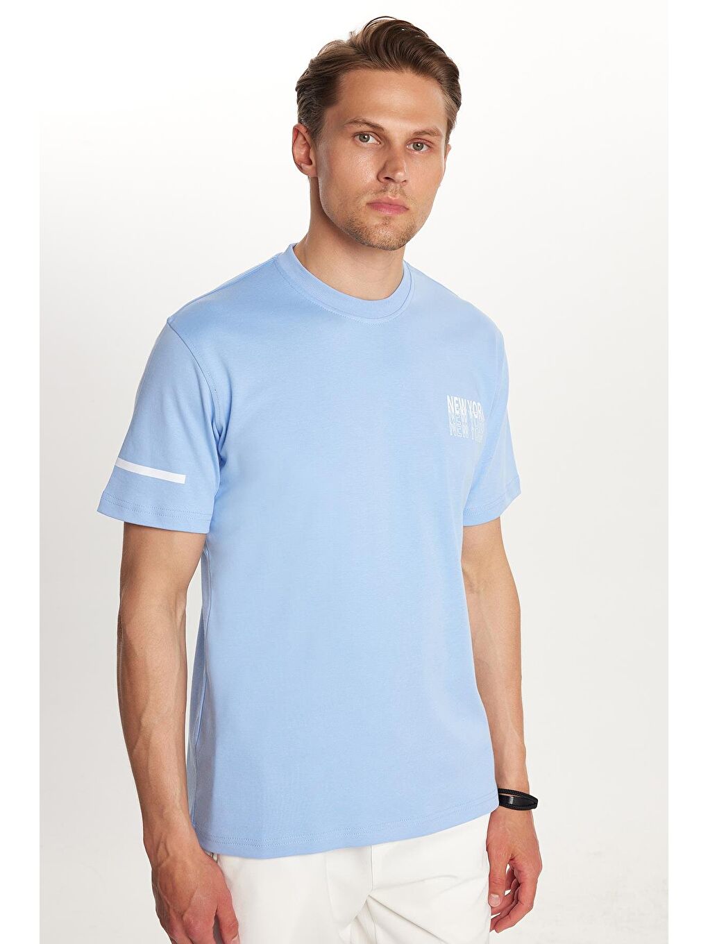 Erkek Slim Fit Dar Kesim Pamuklu Düz Basic Baskılı Bisiklet Yaka Mavi Tişört