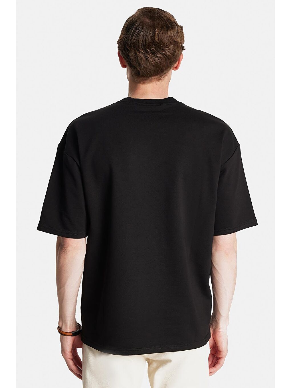 Erkek Oversize Geniş Kesim Pamuklu Baskılı Bisiklet Yaka Siyah Tişört-4