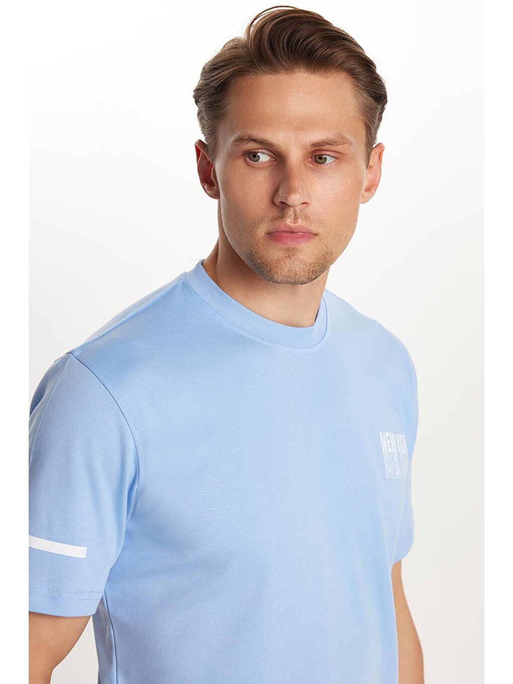 Erkek Slim Fit Dar Kesim Pamuklu Düz Basic Baskılı Bisiklet Yaka Mavi Tişört-1