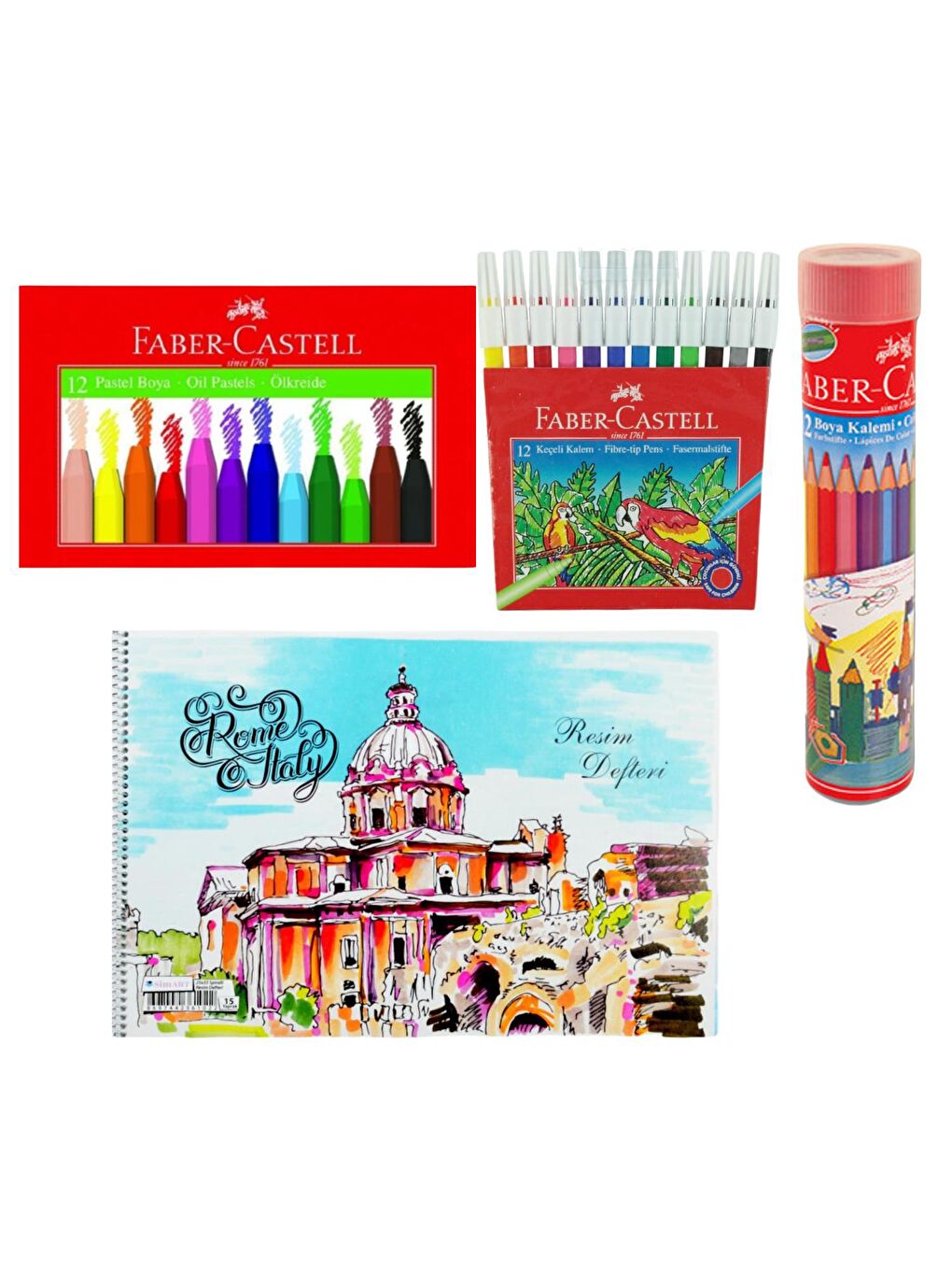 FABER CASTELL Pastel Boya Keçeli Boya Metal Tüp Kuru Boya 12 li ve Resim Defteri