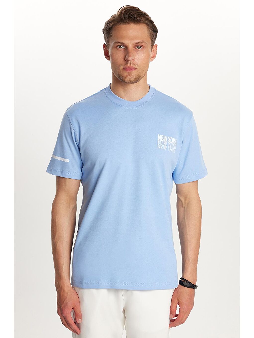 Erkek Slim Fit Dar Kesim Pamuklu Düz Basic Baskılı Bisiklet Yaka Mavi Tişört-4