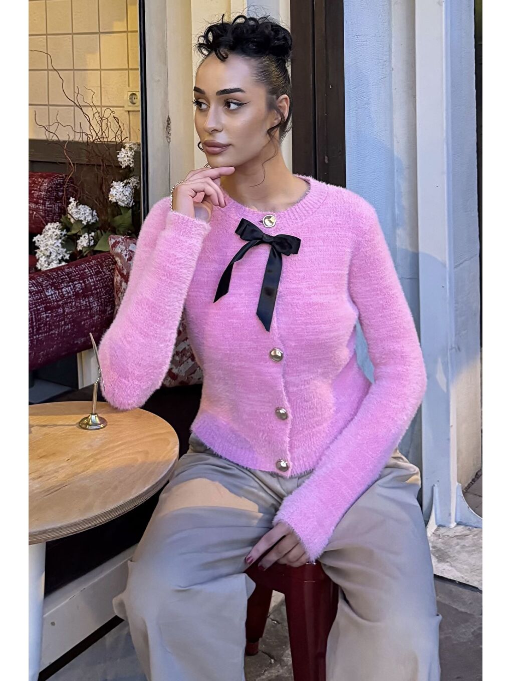 Pembe Ön Fiyonklu Sakallı Triko Ceket (s,m,l Uyumludur)