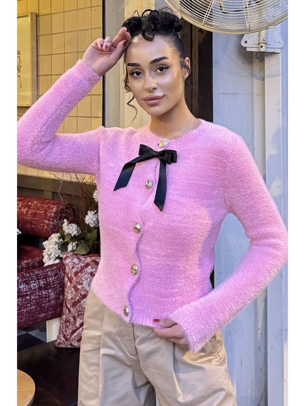 Pembe Ön Fiyonklu Sakallı Triko Ceket (s,m,l Uyumludur)-2