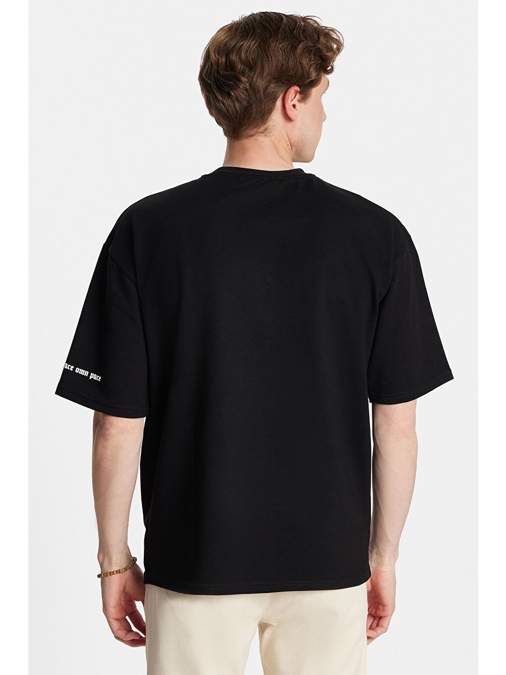 Erkek Oversize Geniş Kesim Pamuklu Baskılı Bisiklet Yaka Siyah Tişört-4