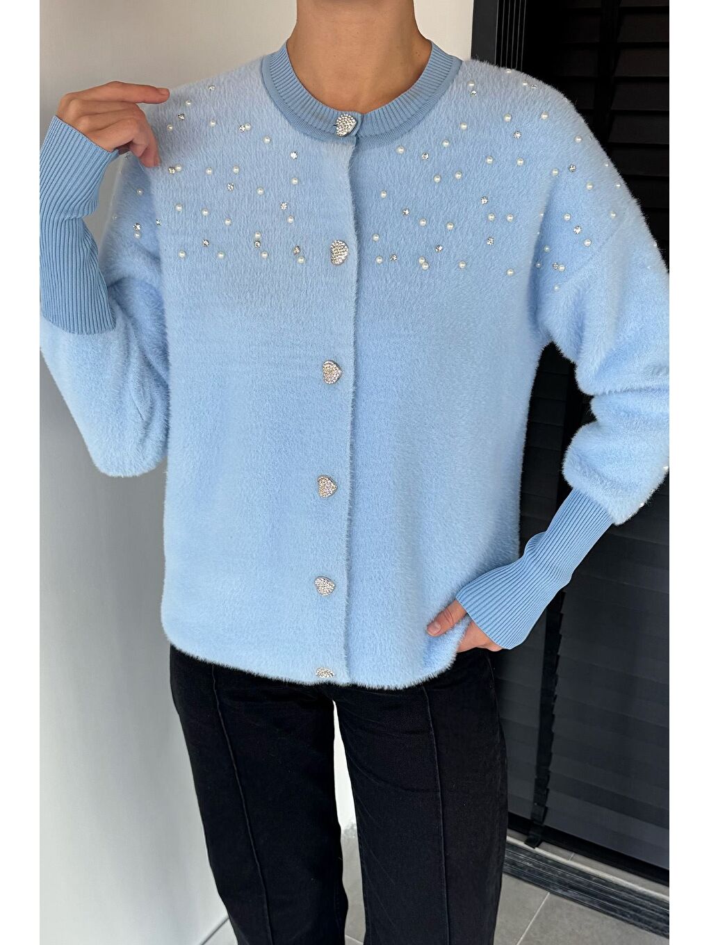 Mavi Omuz Taşlı Şardonlu Triko Ceket(s,m,l,xl Uyumludur)