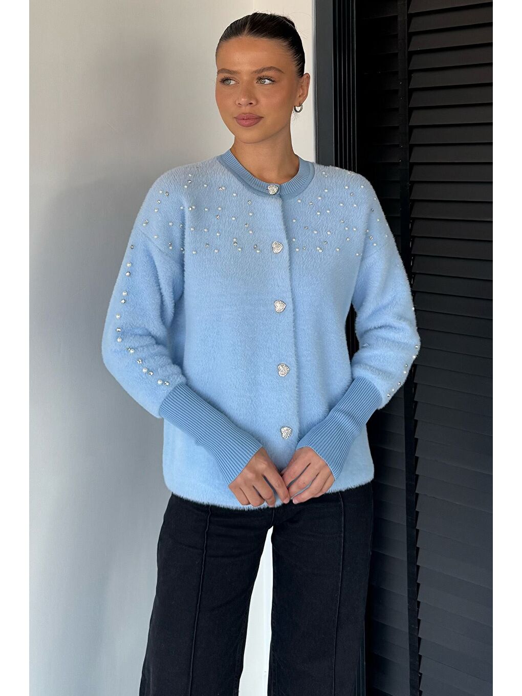 Mavi Omuz Taşlı Şardonlu Triko Ceket(s,m,l,xl Uyumludur)-1